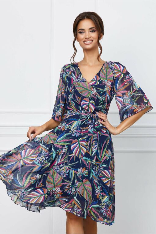 Black Friday 2022 Rochie Ella Collection Roxy bleumarin cu imprimeu multicolor si cordon in talie