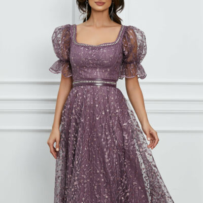 Black Friday 2022 Rochie Ella lila cu glitter si curea in talie