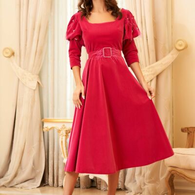 Black Friday 2022 Rochie Emma fuchsia din catifea cu bilute la maneci si curea in talie