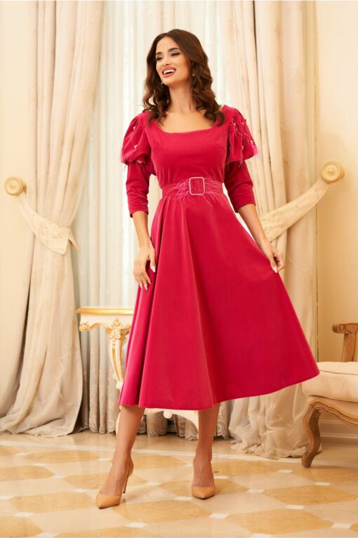 Black Friday 2022 Rochie Emma fuchsia din catifea cu bilute la maneci si curea in talie