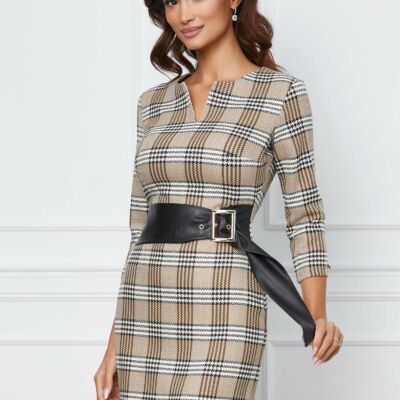 Black Friday Rochie Emora bej cu imprimeu si curea in talie