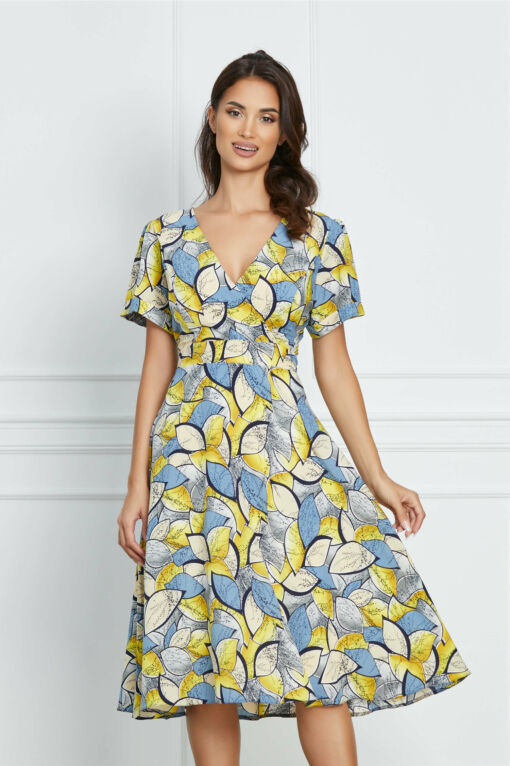 Black Friday 2022 Rochie Fabia bleu cu imprimeu galben