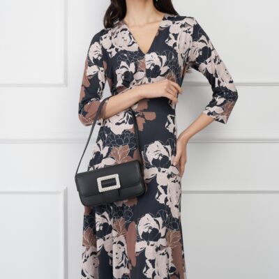 Black Friday 2022 Rochie Gabriela neagra cu imprimeuri maro si cordon in talie