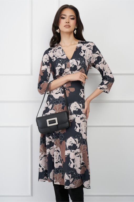Black Friday 2022 Rochie Gabriela neagra cu imprimeuri maro si cordon in talie