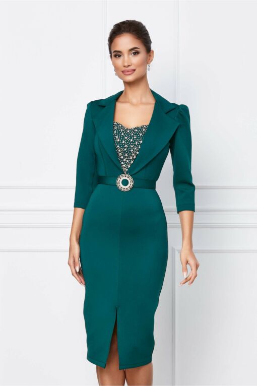 Black Friday 2022 Rochie Georgina verde din neopren cu aplicatii metalice la bust si curea