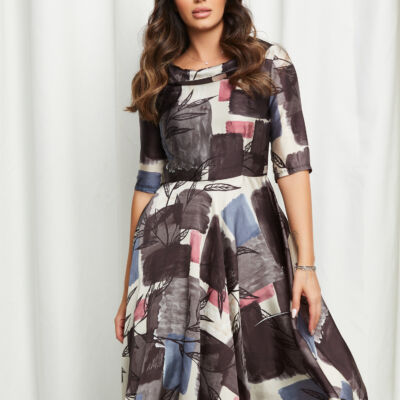Black Friday Rochie Gianina gri cu imprimeuri albastre si bej