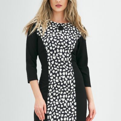 Black Friday 2022 Rochie Gina neagra cu imprimeu ivory si nasture la bust