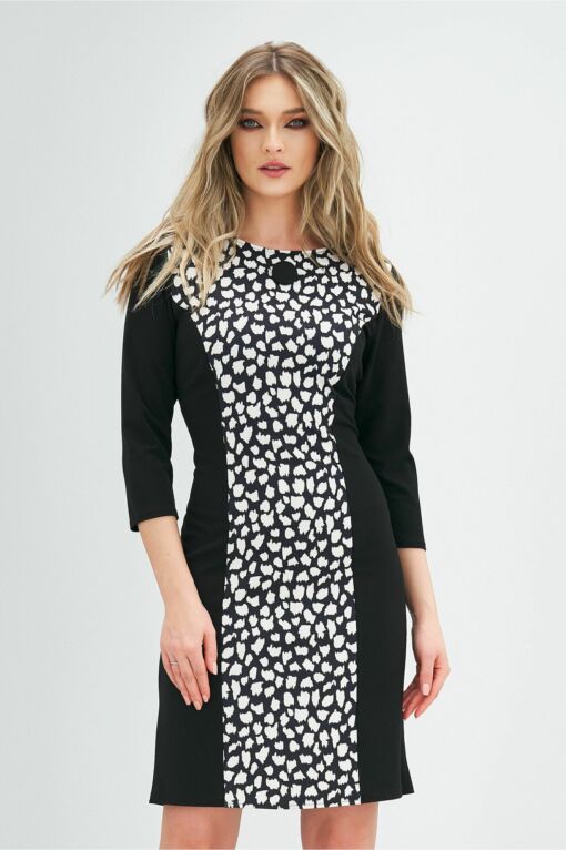 Black Friday 2022 Rochie Gina neagra cu imprimeu ivory si nasture la bust