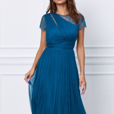 Black Friday 2022 Rochie Ginette albastra din matase cu dantela la spate