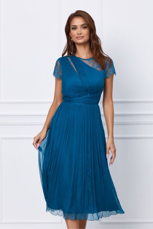 Black Friday 2022 Rochie Ginette albastra din matase cu dantela la spate