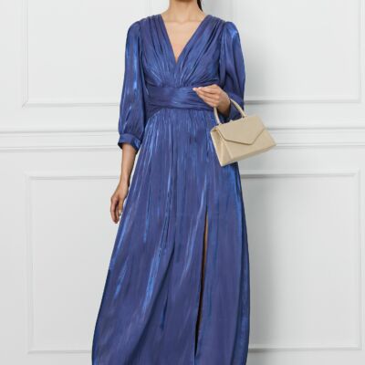 Black Friday Rochie Ginette lunga albastru metalizat din voal satinat
