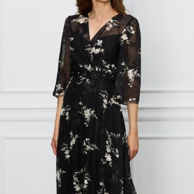 Black Friday Rochie Ginette neagra cu imprimeuri si aplicatii florale in talie