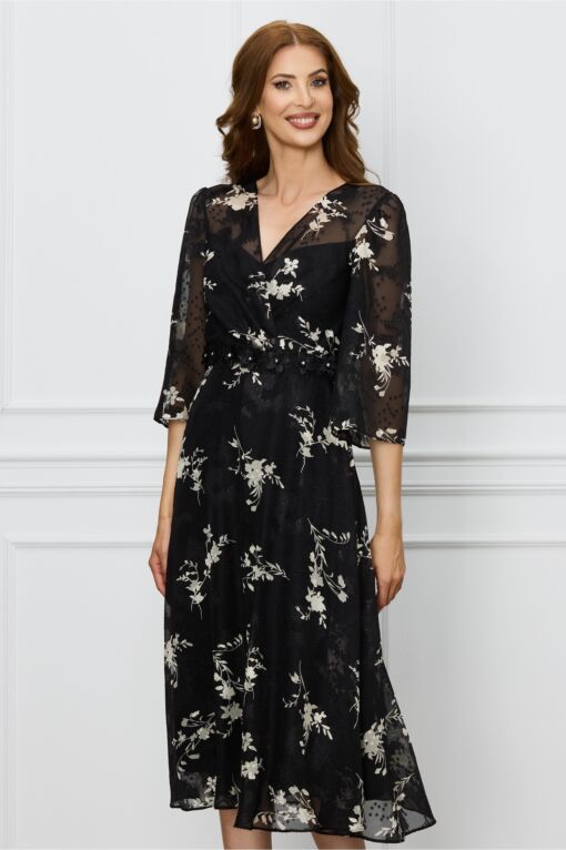 Black Friday Rochie Ginette neagra cu imprimeuri si aplicatii florale in talie