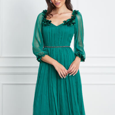 Black Friday 2022 Rochie Ginette verde din matase cu maneci lungi si aplicatii florale