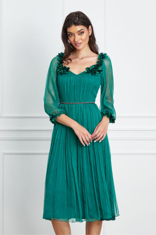 Black Friday 2022 Rochie Ginette verde din matase cu maneci lungi si aplicatii florale