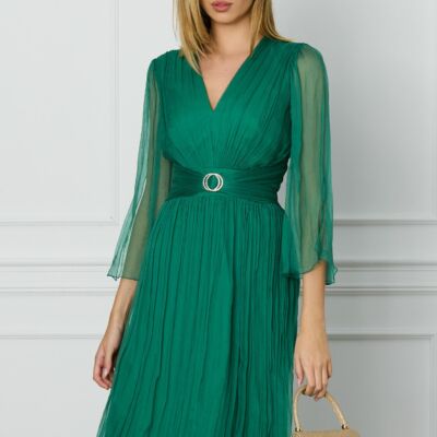 Black Friday 2022 Rochie Ginette verde fistic din matase naturala cu accesoriu in talie