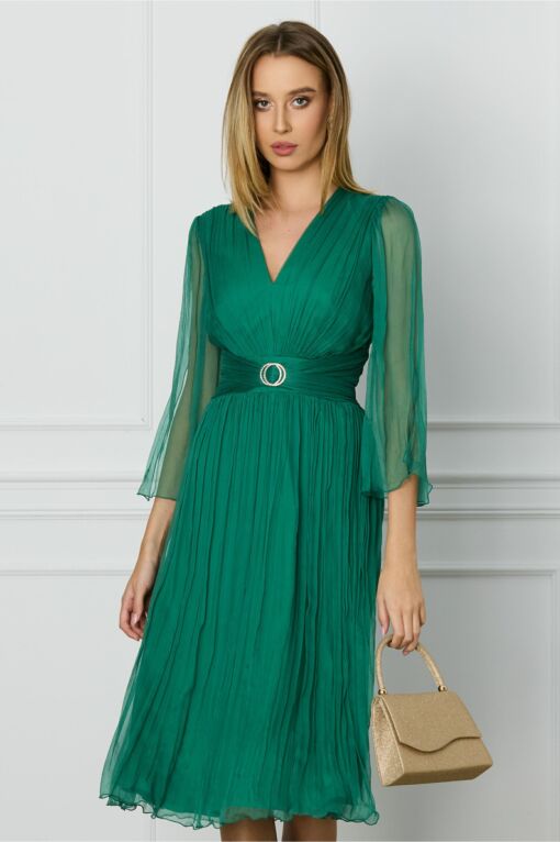Black Friday 2022 Rochie Ginette verde fistic din matase naturala cu accesoriu in talie