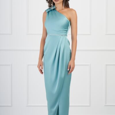 Black Friday Rochie Ginette verde mint cu floare pe umar si strasuri in talie