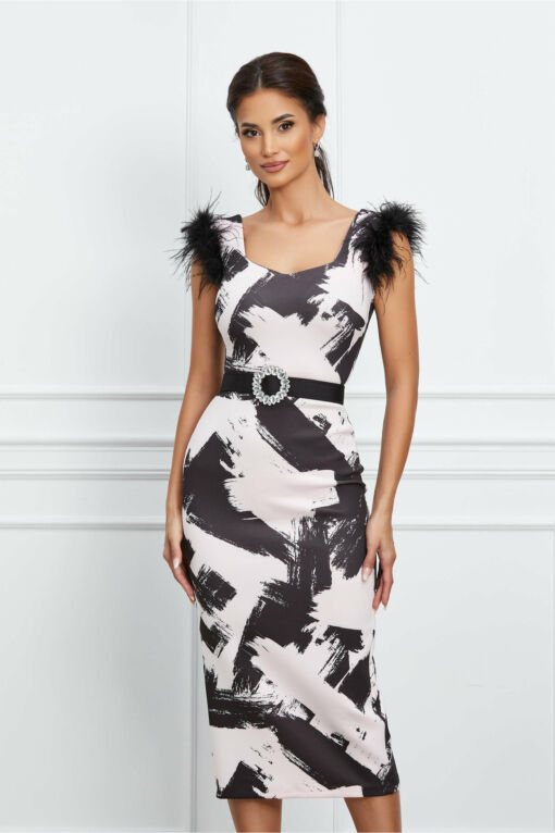 Black Friday 2022 Rochie Hanna din neopren roz cu imprimeuri negre si curea in talie