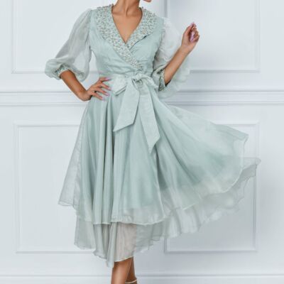 Black Friday 2022 Rochie Iarina verde mint cu perlute si strasuri la bust