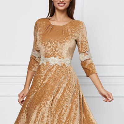 Black Friday 2022 Rochie Ilinca din catifea bej cu broderie