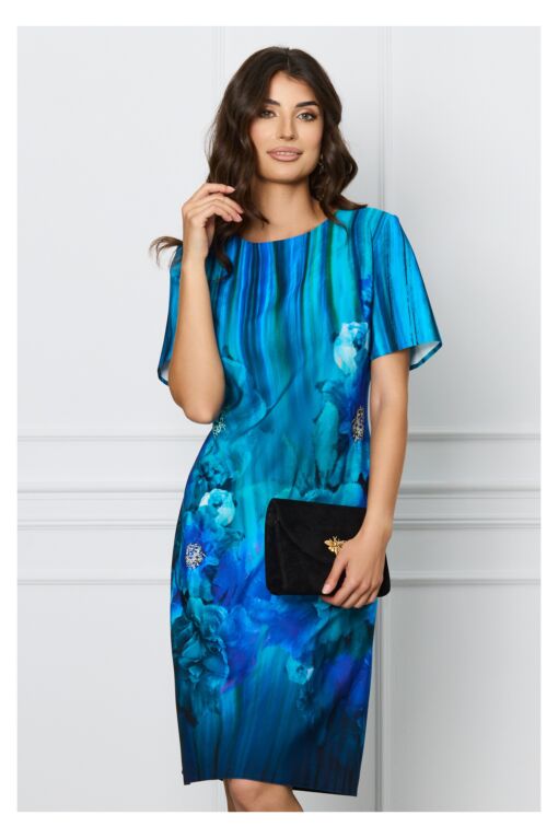 Black Friday Rochie Ilona turcoaz cu imprimeu floral albastru
