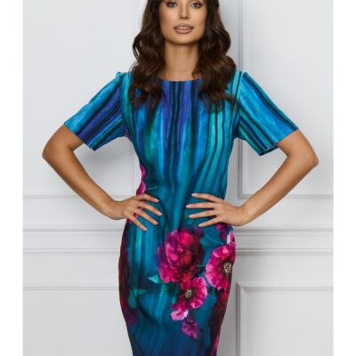Black Friday 2022 Rochie Ilona turcoaz cu imprimeu floral fucsia