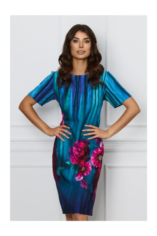 Black Friday 2022 Rochie Ilona turcoaz cu imprimeu floral fucsia