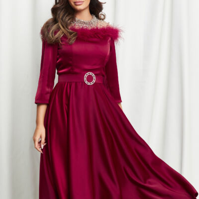 Black Friday 2022 Rochie Ingrid bordo cu fulgi la bust si curea in talie