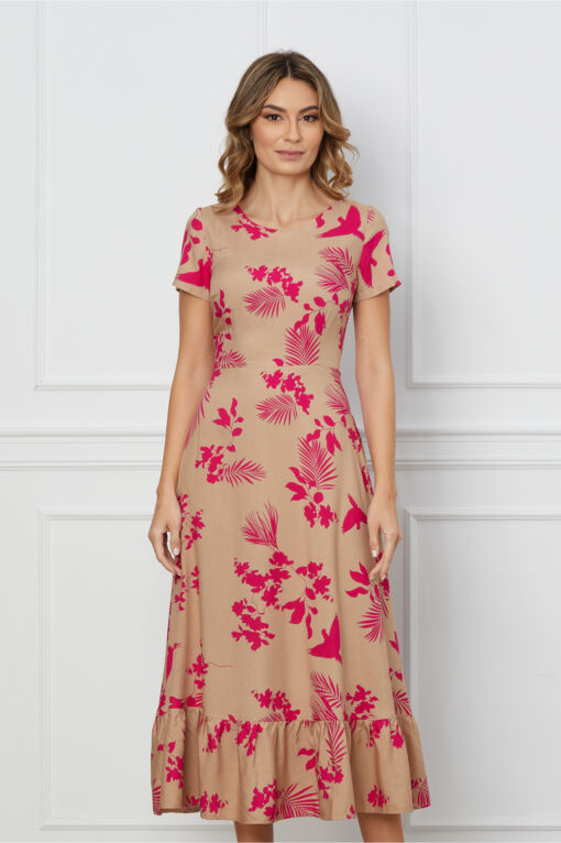 Black Friday 2022 Rochie Ioana bej cu imprimeuri florale fucsia si volan la baza