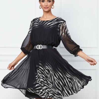 Black Friday 2022 Rochie Ioana neagra cu imprimeu wave alb si curea in talie