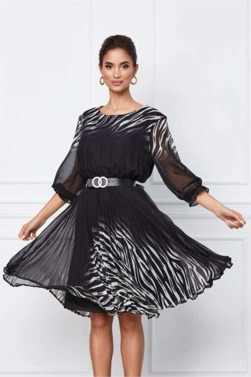 Black Friday 2022 Rochie Ioana neagra cu imprimeu wave alb si curea in talie