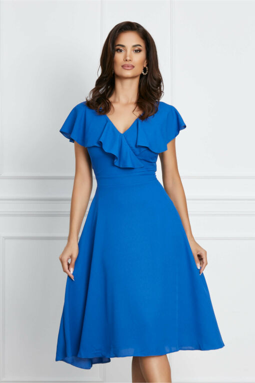 Black Friday 2022 Rochie Irina albastra cu volanase la decolteu
