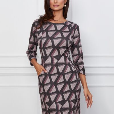 Black Friday 2022 Rochie Irina gri inchis cu imprimeuri roz si buzunare