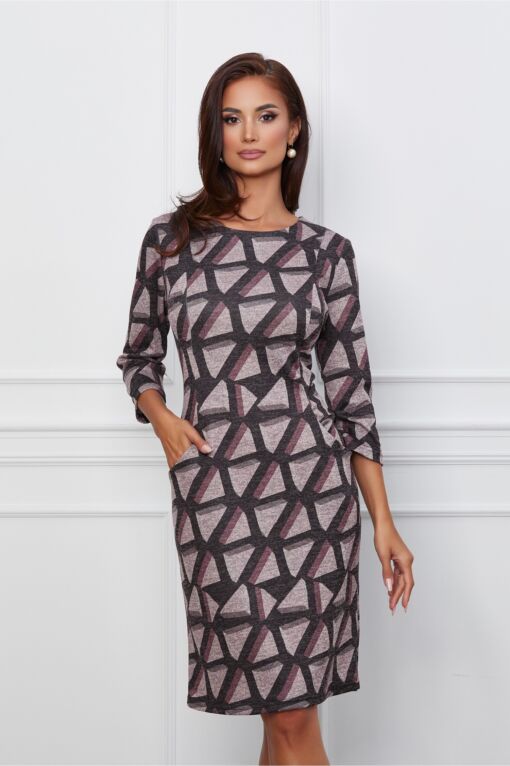 Black Friday 2022 Rochie Irina gri inchis cu imprimeuri roz si buzunare