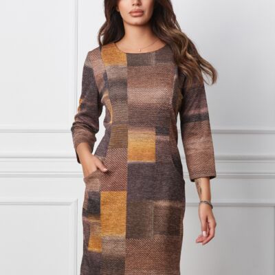 Black Friday 2022 Rochie Irina maro cu imprimeuri bej si buzunare