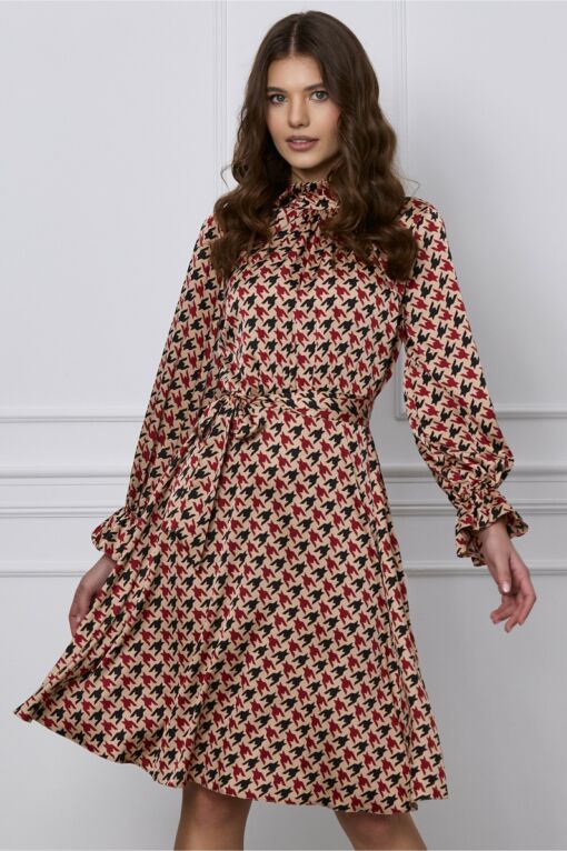 Black Friday 2022 Rochie Iris bej din satin cu imprimeuri bordo si negre