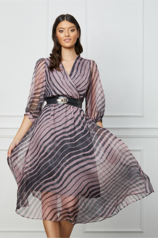 Black Friday 2022 Rochie Isabela gri cu dungi roz si curea in talie