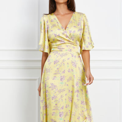 Black Friday 2022 Rochie Isaura galbena cu imprimeu floral lila