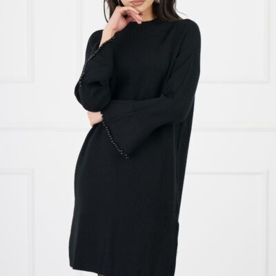 Black Friday Rochie Iulia neagra din tricot cu perle la maneci