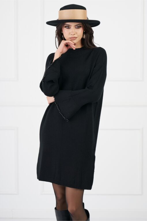 Black Friday Rochie Iulia neagra din tricot cu perle la maneci