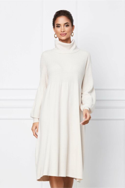 Black Friday 2022 Rochie Jamela ivoire din tricot cu guler inalt