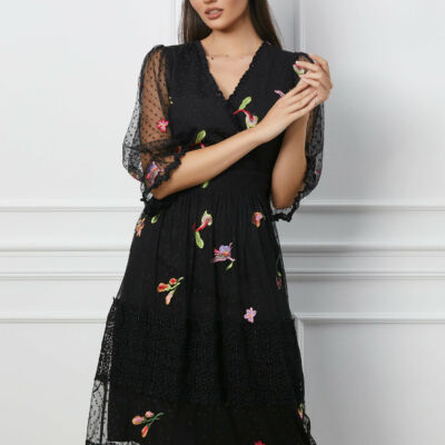 Black Friday 2022 Rochie Jasmine neagra cu buline si broderie