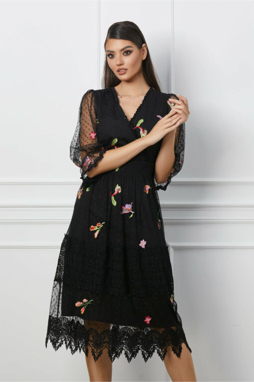 Black Friday 2022 Rochie Jasmine neagra cu buline si broderie