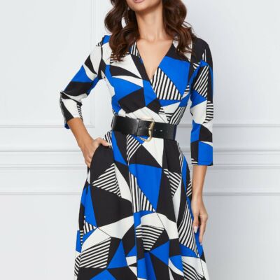 Black Friday 2022 Rochie Joe albastra cu imprimeu alb-negru si curea in talie