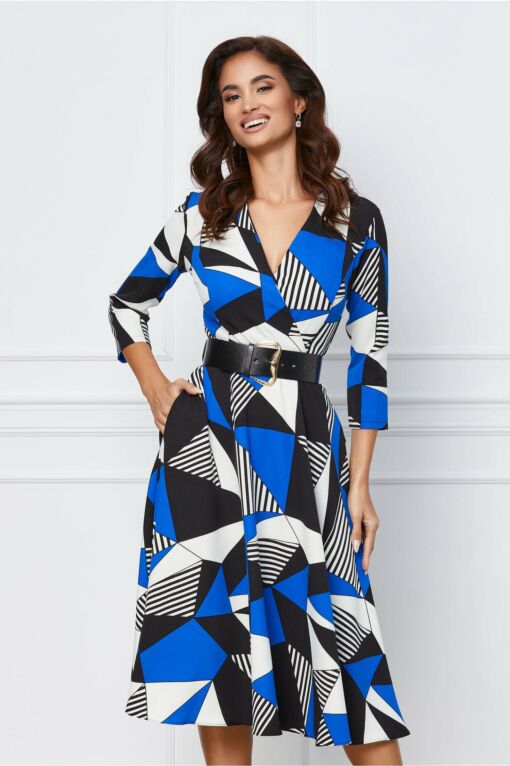 Black Friday 2022 Rochie Joe albastra cu imprimeu alb-negru si curea in talie