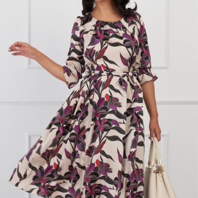 Black Friday 2022 Rochie Julia bej cu flori mov si cordon in talie