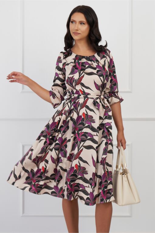 Black Friday 2022 Rochie Julia bej cu flori mov si cordon in talie