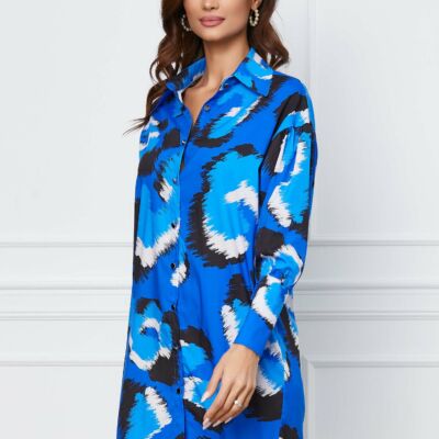 Black Friday 2022 Rochie Kasia albastra tip camasa cu imprimeu negru