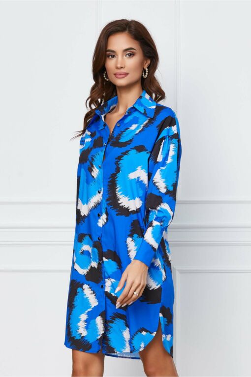Black Friday 2022 Rochie Kasia albastra tip camasa cu imprimeu negru